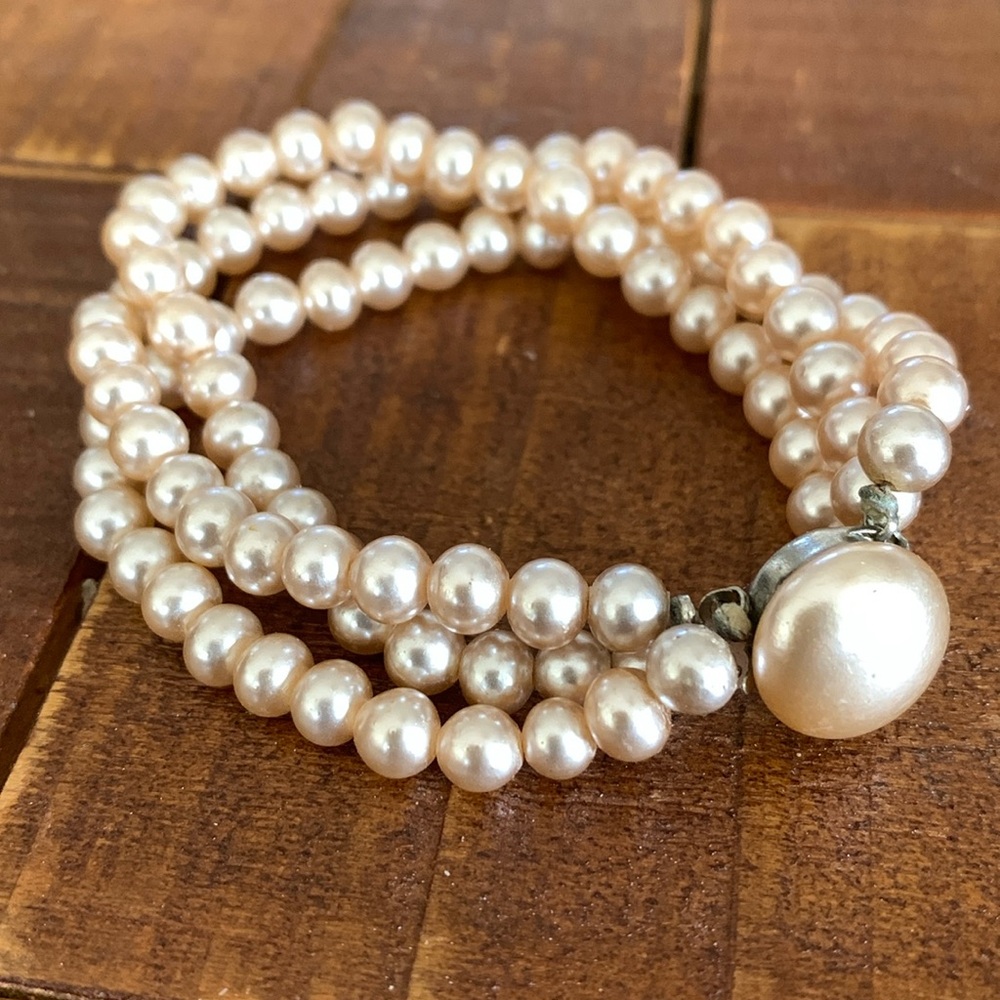 Vintage 3 Strand Faux Pearl Bracelet - 7 Inch JAPAN